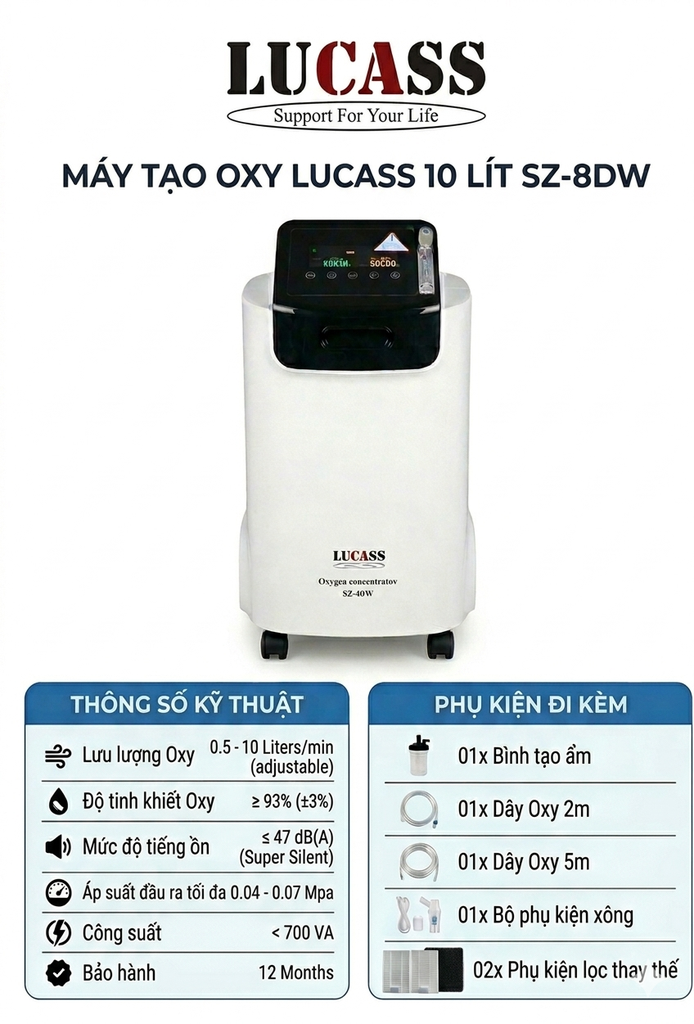 Máy tạo oxy 10 lít/phút LUCASS SZ-8DW có chức năng xông