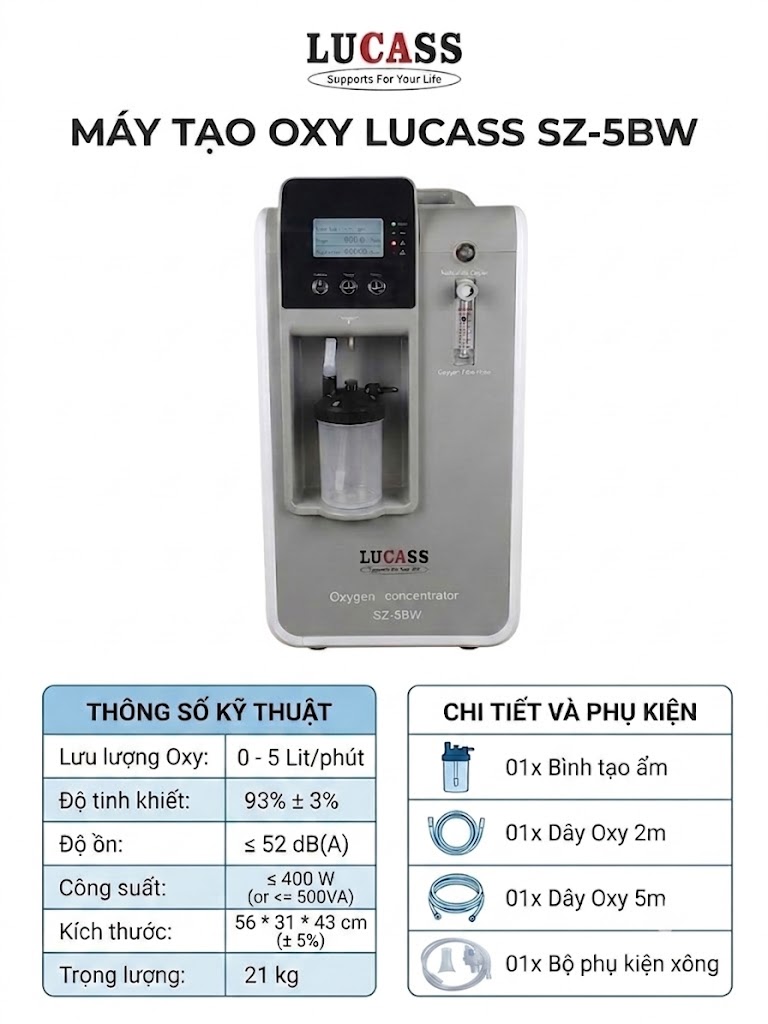 Máy tạo oxy 5 lít/phút Lucass SZ-5BW có chức năng xông - Ảnh 4